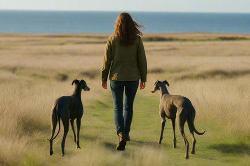 woman walking with back to camera and 2 grehounds in hills overlooking sea